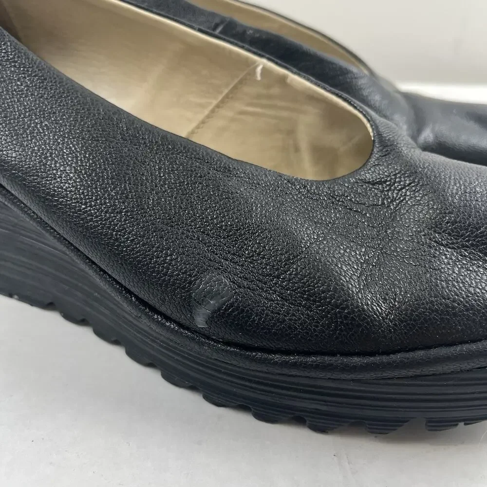 FLY London Yaz Black Leather Wedge Pumps Slip On EU 41 US 10 Made Portugal